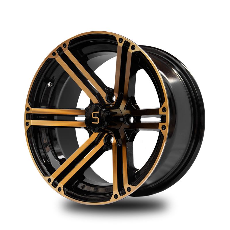 12x7 / 14x7ゴルフ カートは金/光沢の黒4/101.6 PCD -25をと動かす