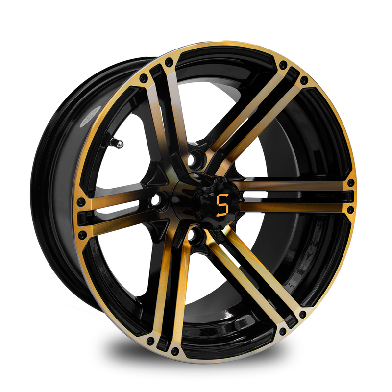 12x7 / 14x7ゴルフ カートは金/光沢の黒4/101.6 PCD -25をと動かす