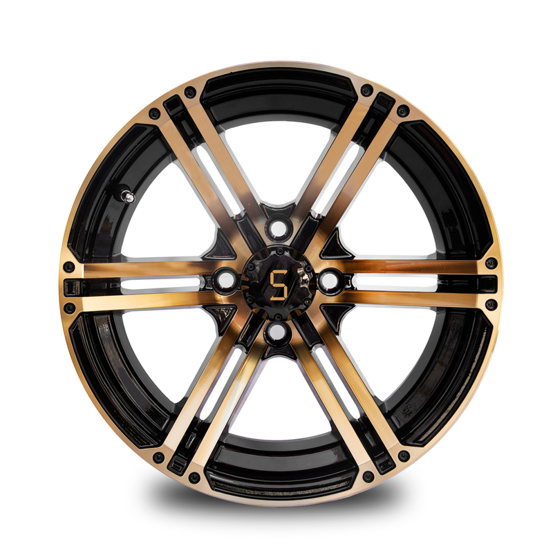 12x7 / 14x7ゴルフ カートは金/光沢の黒4/101.6 PCD -25をと動かす